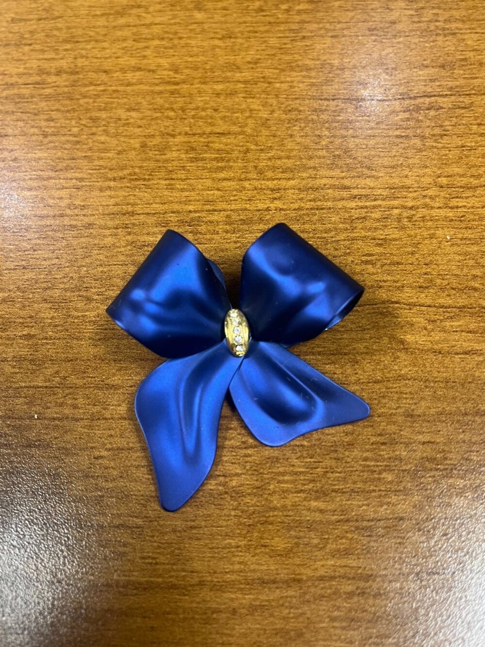 Vintage Tona Blue Bow Brooch Rhinestone Center Large Sculptural Pin